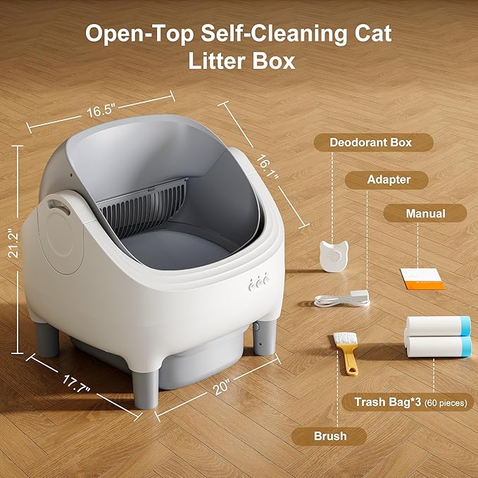 Open-Top Self-Cleaning Cat Litter Box, Automatic Litter Box for Multiple Cats with 10.5L Waste Bin, Advanced Safety Sensors, Quiet Operation, Easy to Clean (Gray)
