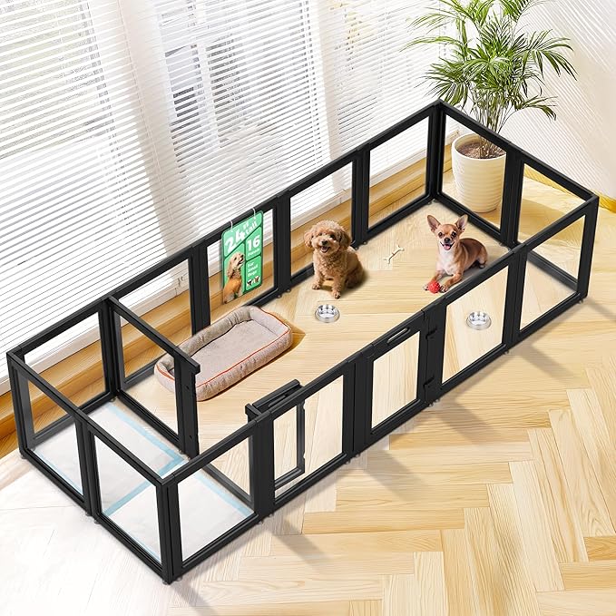 FXW AuraSpace Acrylic Indoor Dog Playpen for Puppies and Small Dogs, 24 Inch, 16 Panels, Black