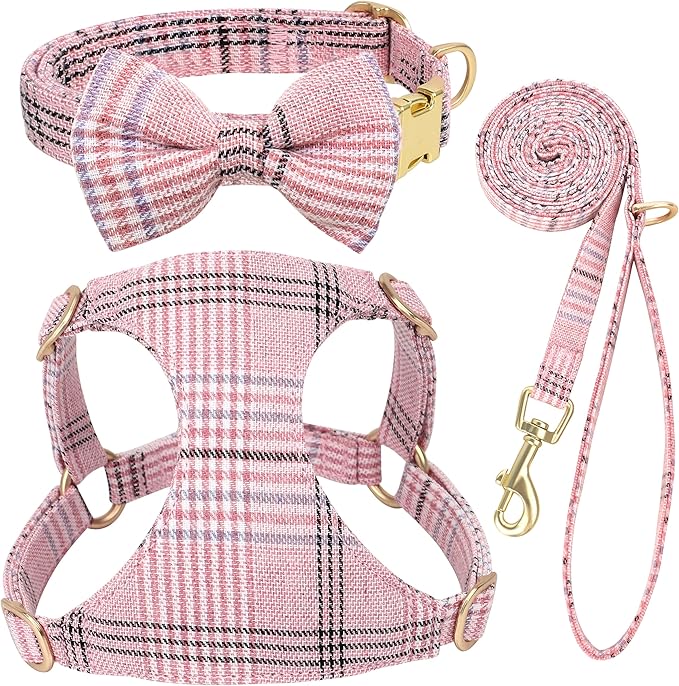 Beirui Cute Extra Small Dog Harness Collar and Leash Set with Bowtie, Soft Adjustable Plaid Puppy Harness for Small Sized Dogs Cats Walks Parties and Photoshoots(Pink,XS:Chest 13-18")