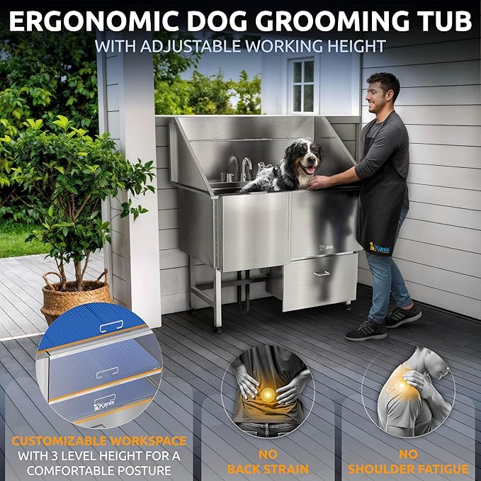 KANIS Professional Dog Washing Station - 304 Stainless Steel Pet Wash Sink & Grooming Bathtub w/Shower, Floor Grates and Storage for Large, Medium & Small Pets (50", 1 Drawer - Left Ramp)