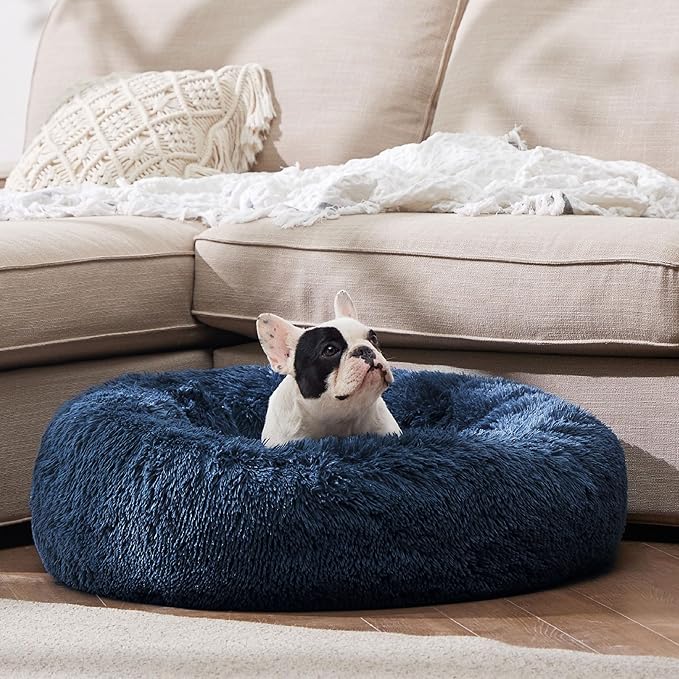 Bedsure Calming Dog Bed for Small Dogs - Donut Washable Small Pet Bed, 23 inches Anti-Slip Round Fluffy Plush Faux Fur Large Cat Bed, Fits up to 25 lbs Pets, Navy