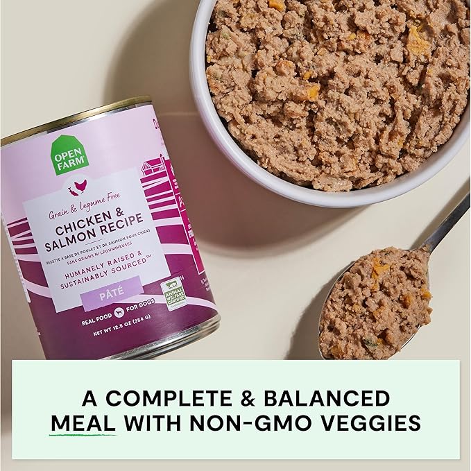 Open Farm Canned Dog Food, Pate for Complete & Balanced Nutrition, Grain Free and Legume-Free, Chicken & Salmon Recipe, 12.5oz Cans (Pack of 12)