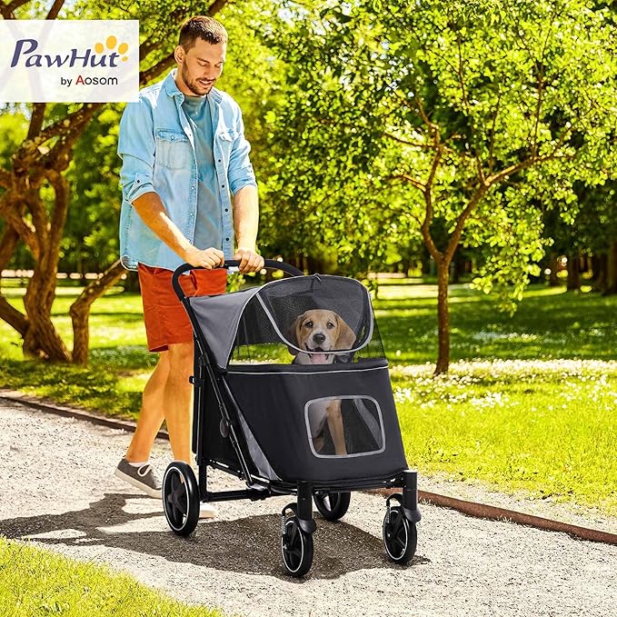 PawHut Dog Stroller for Large Medium Small Dogs up to 66 Lbs. 23.5" in Body Length, One-Click Foldable Pet Cat Stroller with Storage, Shock Absorption Wheels, Mesh Window, Safety Leash, Gray