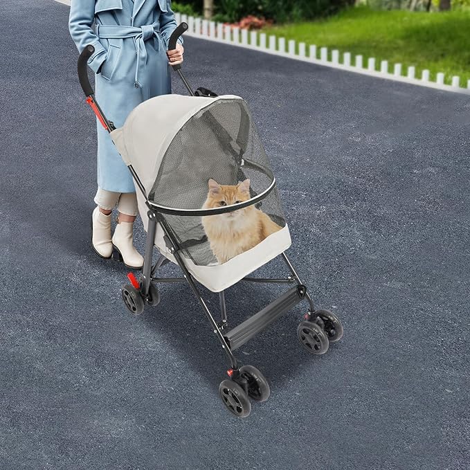Pet Stroller, Foldable Pet Stroller with Weather Cover, Dog Cat Strolling Cart with 360° Wheels & Brakes for Small and Medium-Sized Dogs or Cats (Gray)