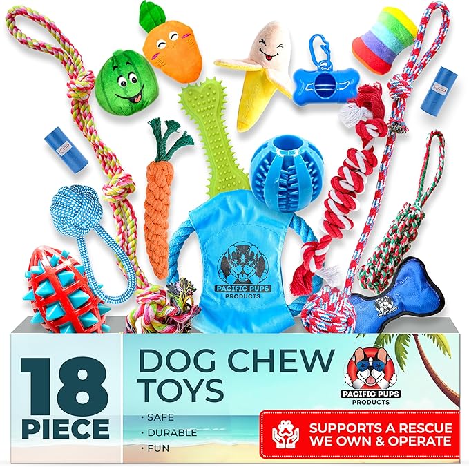Pacific Pups 18 Piece Bulk Dog Toy Pack - Chew, Plush, and Rope Dog Toys to Keep Them Busy - Puppy Teething Chew Toys, Treat Ball, Squeaky Plushies, Tug of War Ropes, Rubber Chew - Helps Rescue Dogs