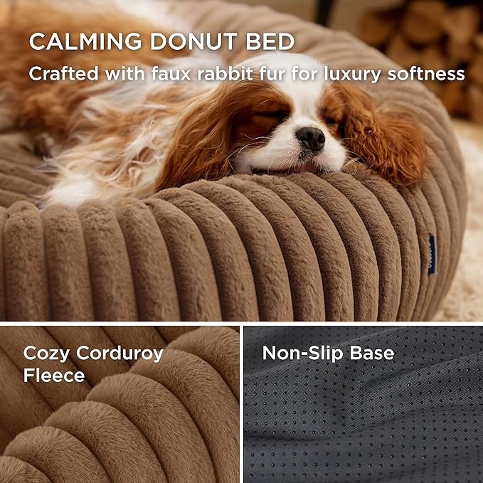 Bedsure Donut Small Dog Bed - Dog Beds for Small Dogs with Corduroy Fleece & Anti Slip Bottom, Round Faux Fur Pet Beds with Washable Removable Cover, Camel Brown, 23x23x7 inches