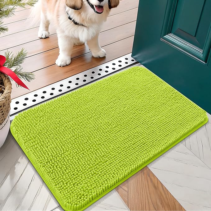 OLANLY Dog Door Mat for Muddy Paws 24x16, Absorbs Moisture and Dirt, Absorbent Non-Slip Washable Doormat, Quick Dry Chenille Mud Mat, Entry Indoor Entryway Carpet for Inside Floor, Bright Green