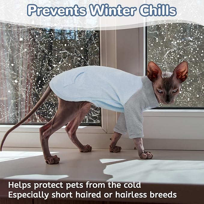 PUMYPOREITY Turtleneck Sweater for Sphynx Cat, Soft Coral Fleece Cat Clothes, Thick Winter Warm Outfit Coat with Sleeves, XS, Blue