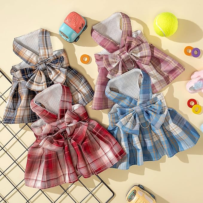 4 Pcs Cute Plaid Dog Dress Set with Bow Tie Harness & Leash for Small Dogs, Puppy Clothes for Girls Summer Outfits(M,Dark Color)