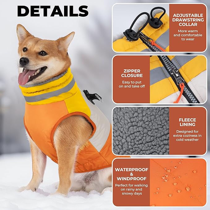 Dog Coats for Medium Dogs, Waterproof Dog Winter Jacket with Harness Built in, Cold Weather Coats, Reflective Zip-up Pet Vest, Warm Fleece Lined Dogs Snowsuit, Orange X-Large