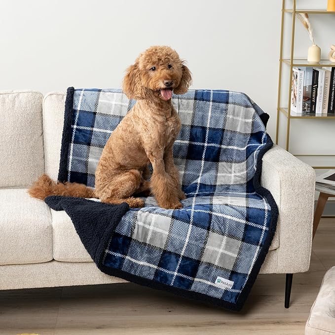 PetAmi Waterproof Dog Blanket for Medium Large XL Dog Puppy Cat Throw for Couch Cover Leakproof Protection, Sherpa Fleece, Reversible Soft Washable 80x60 Plaid Navy Blue