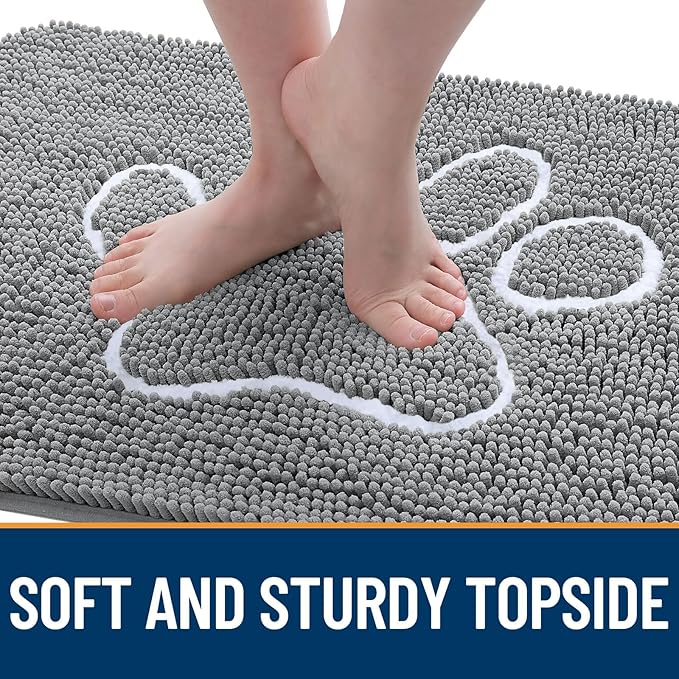 OLANLY Dog Door Mat for Muddy Paws 30x20, Paw Print Design, Absorbs Moisture and Dirt, Absorbent Non-Slip Washable Doormat, Quick Dry Chenille Mud Mat, Entry Indoor Entryway Carpet, Grey and White