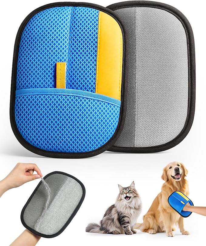2025 Thickened Electrostatic Pet Hair Removal Gloves (2 Pcs) - Reusable Strong Grooming Gloves for Cats & Dogs, Hair Remover for Couch, Furniture, Carpet, Car Seats & Clothing (Blue)