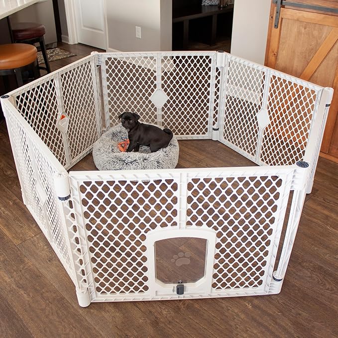 MyPet Petyard Passage: 5.5 Ft. Wide Customizable Folding Dog Playpen with Passage Flap-Door for Indoor/Outdoor. Made in USA. 6-Panel Puppy Playpen. Freestanding Play Pen Dog Gate 26" Tall, Light Gray