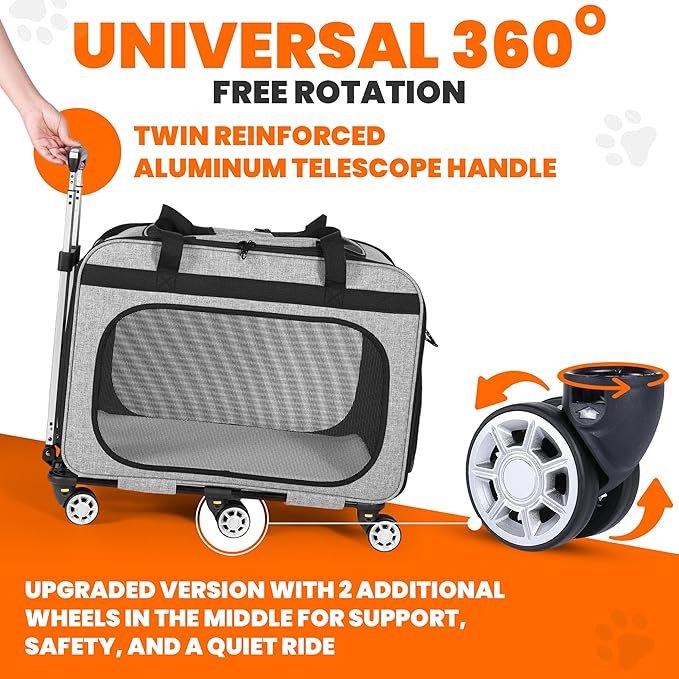 XL Cat & Small Dog Carrier | 25" L x 16" W x 17" H - up to 40 lbs - NOT TSA Compliant - Small Dogs or Large Cat Carrier with Wheels - Extending Handle, 360° Rotation Wheels & Extra Ventilation