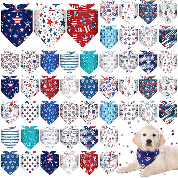 Sanwuta 48 Pcs 4th of July Dog Bandanas for Pets Dog Bandanas Gifts Independence Day Scarf Washable Triangle American Flag Patriotic Puppy Bibs Adjustable Kerchief for Pet Accessories Washable Scarves
