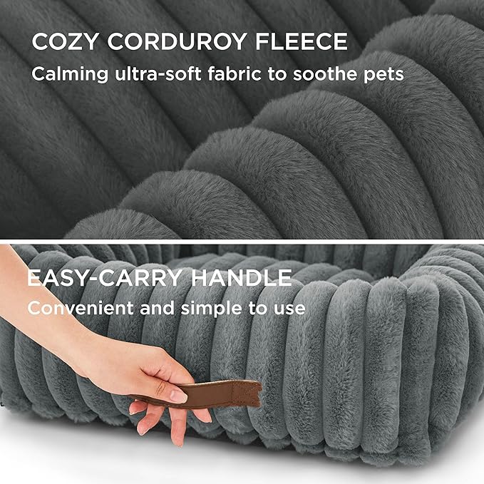 Bedsure Cute Dog Bed for Small Dogs & Cats - Washable Furry Puppy Beds, Rectangle Orthopedic Corduroy Fleece Pet Beds with Removable Zipper Cover, 20x19x6inches, Warm Grey