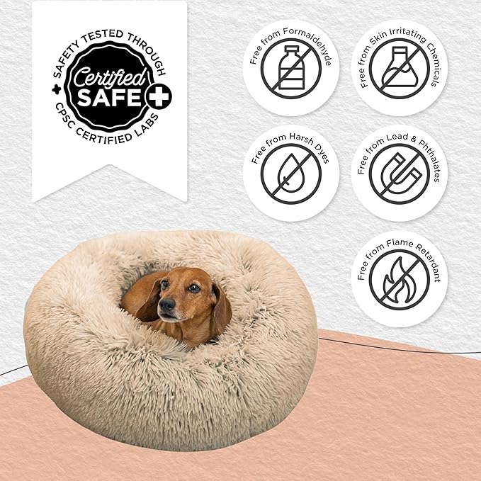 Best Friends by Sheri Original Calming Donut Dog and Cat Bed, Shag Faux Fur, Taupe, (23in x 23in) - Anxiety Relief for Pets Up to 25 lbs