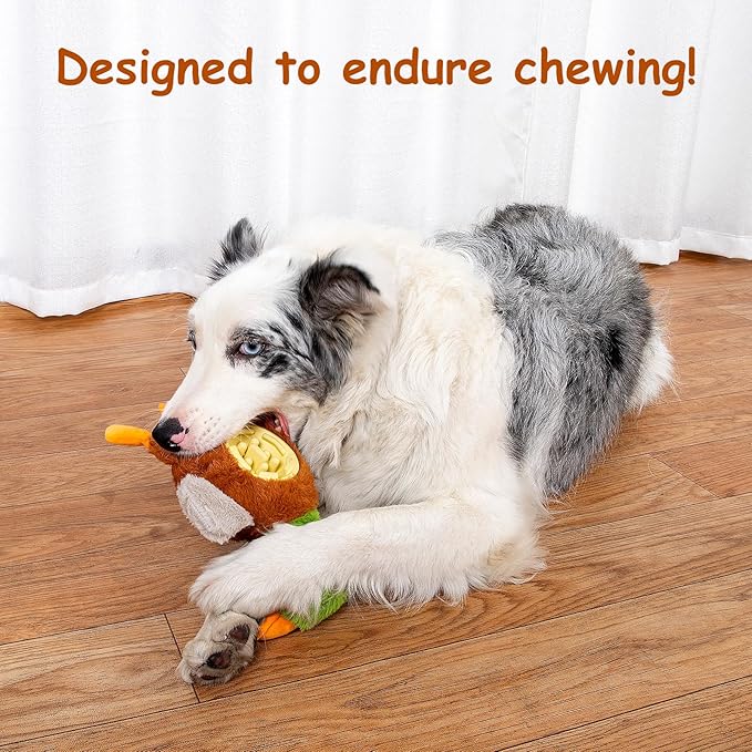 Hollypet Squeaky Plush Stuffed Dog Puzzle Toy with Slow Feeder Bowl, Interactive Chew Toy for Small and Medium Dogs, Wild Duck