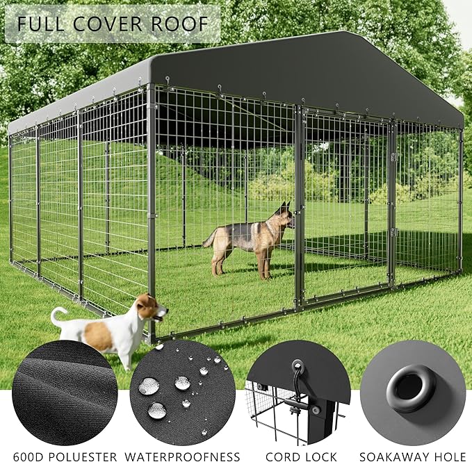 Dog Kennel Outdoor, 10x10x6 FT Heavy Duty Dog Pens Outside with UV & Water Resistant Roof, Large Dog Fence for Yard Metal Chicken Run with Double Locks
