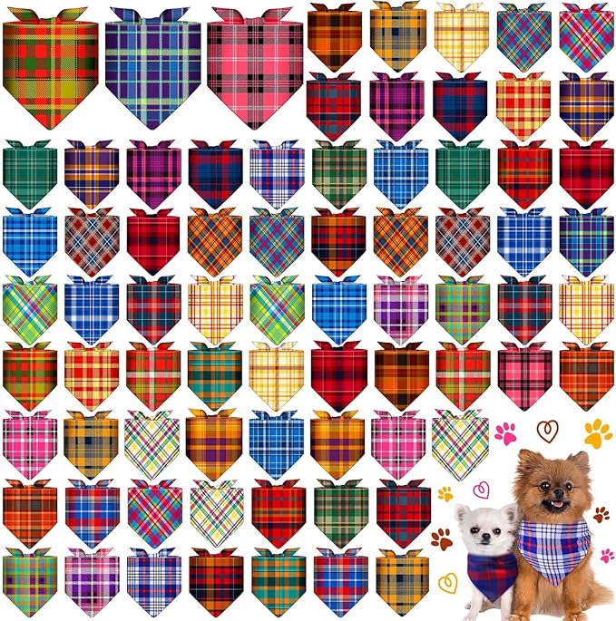 72 Pcs Plaid Dog Bandanas Bulk Triangle Scarf Cat Bibs Puppy Scarf Stripe Bandanas for Puppy Cat Birthday Party Costume