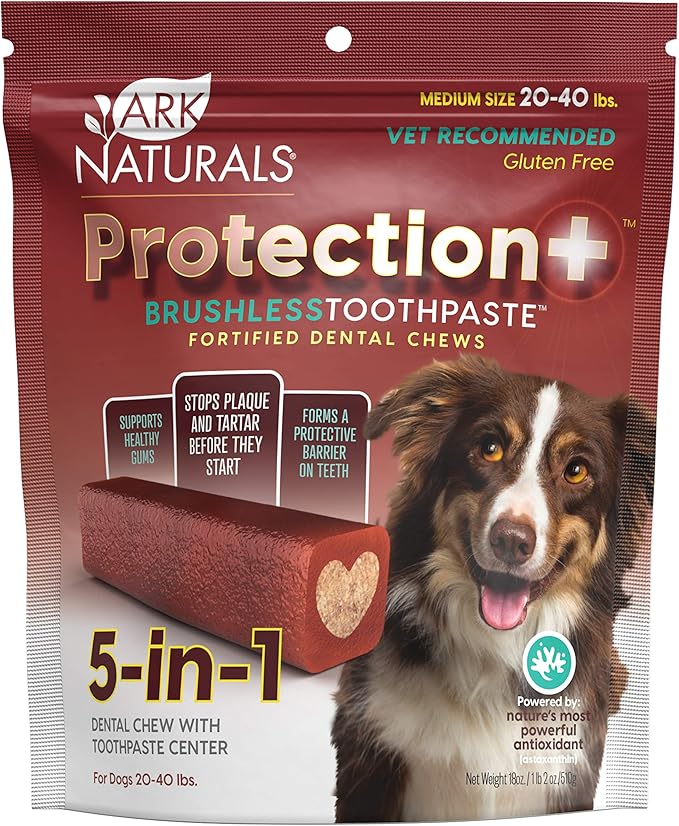 ARK NATURALS Protection Plus Brushless Toothpaste for Medium Breeds, 18 oz Bag, Dog Dental Chew with Toothpaste Center, Prevent Plaque & Tartar, Freshen Breath