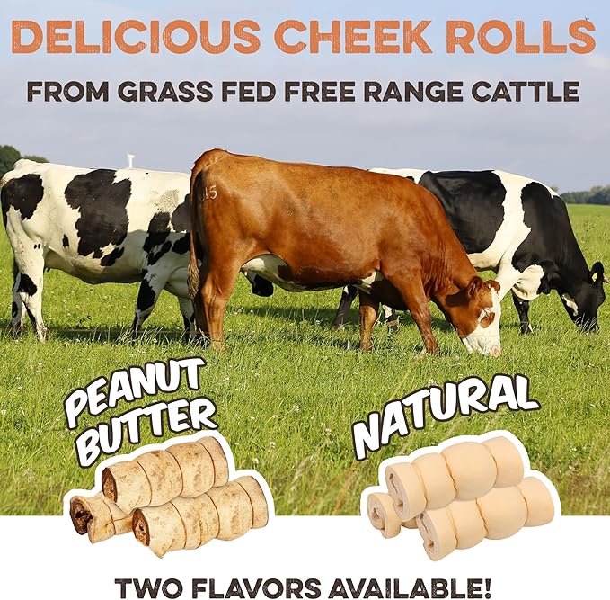 Premium Beef Cheek Rolls for Dogs 5-7" - (3-Pack), Peanut Butter Flavored Long Lasting, Safe & Natural Rawhide Alternative Chews, Ideal for Large Dogs & Aggressive Chewers, Supports Dental Health
