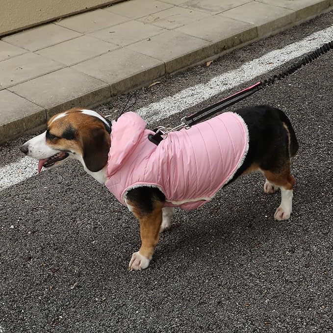 Fleece Lining Dog Hoodie with Harness Built in,Extra Warm Small Dog Jacket in Winter Puppy Coats with Drawstring Hooded,Light Pink M