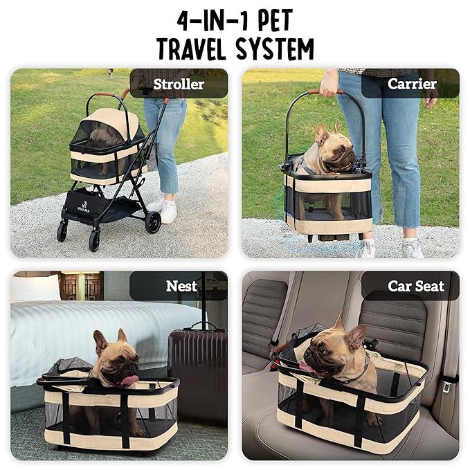 Pet Stroller with Detachable Carrier - Ideal for Small to Medium Dogs & Cats - Compact & Convenient Design - Easy Assembly Pet Stroller for Cats, Dog Strollers for Small Dogs - Bisque Beige