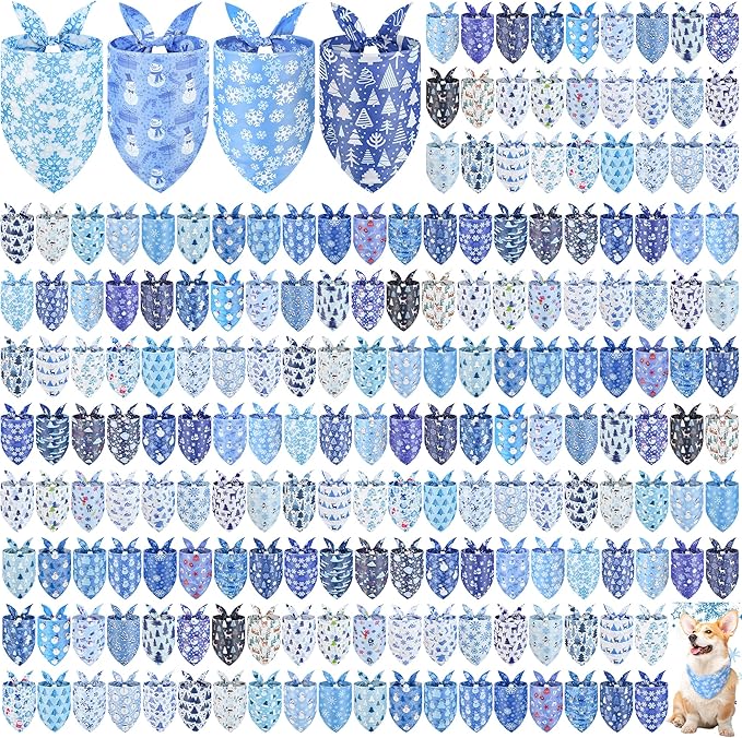 200 Pcs Winter Dog Bandanas Bulk Snowflake Pet Scarves Xmas Adjustable Bibs for X-M-L Dogs Washable Seasonal Puppy Kerchief for Groomers Shelters