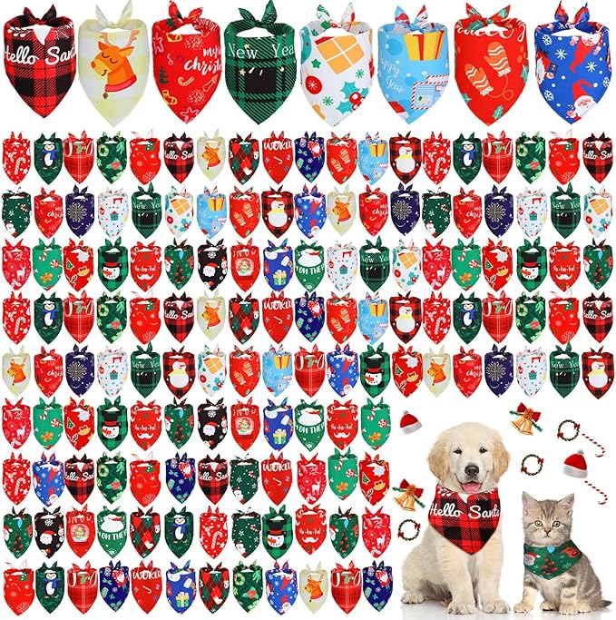 Sanwuta 180 Pieces Christmas Dog Bandanas Bulk Xmas Dog Bibs Holiday Pet Costume Christmas Outfit Triangle Scarf Kerchief for Small to Medium Pet