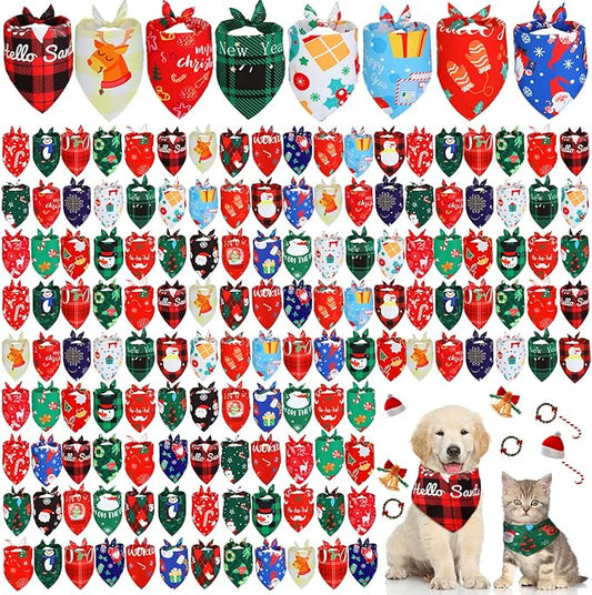 Sanwuta 180 Pieces Christmas Dog Bandanas Bulk Xmas Dog Bibs Holiday Pet Costume Christmas Outfit Triangle Scarf Kerchief for Small to Medium Pet