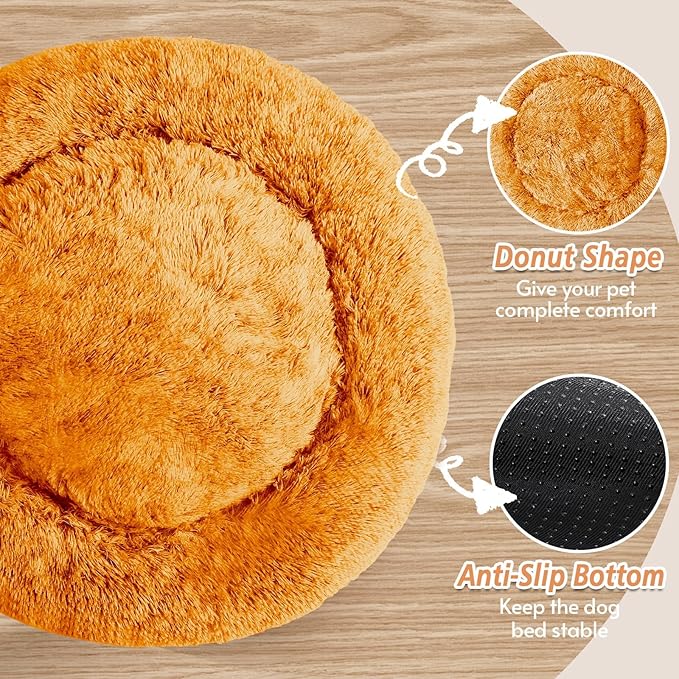 JOLLYVOGUE Calming Dog & Cat Bed for Small Dogs, Anti-Anxiety Donut Cuddler Cozy Soft Round Bed with Anti-Slip Bottom, Fluffy Faux Fur Plush Cushion Beds for Small Medium Pets (20")