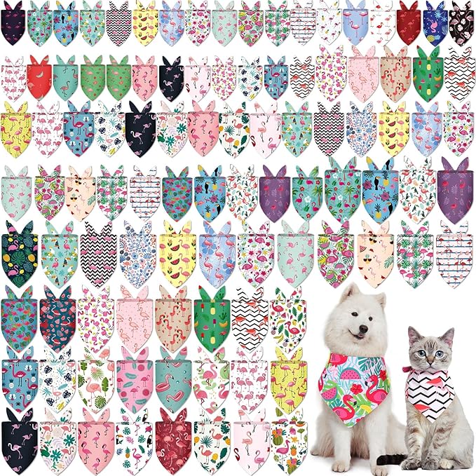 100 Pcs Dog Bandanas Bulk Hawaiian Dog Bandanas Summer 3 Sizes Washable Adjustable Scarf for Beach Small Medium Large Pet Supplies(Flamingo)