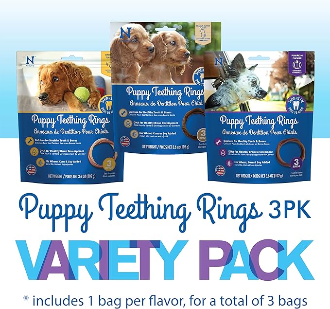 N-Bone Puppy Teething Rings 3 Count Bag Variety Pack, Chicken & Pumpkin & Peanut Butter Flavor, Total 3 Bags, 10.8-oz, 9 Rings