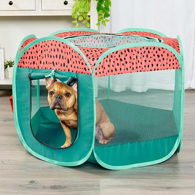 Furhaven Portable Dog Playpen Cat Tent, Pet Playground/Kennel Foldable Indoor Outdoor Zippered Puppy Crate - Green & Pink, Small