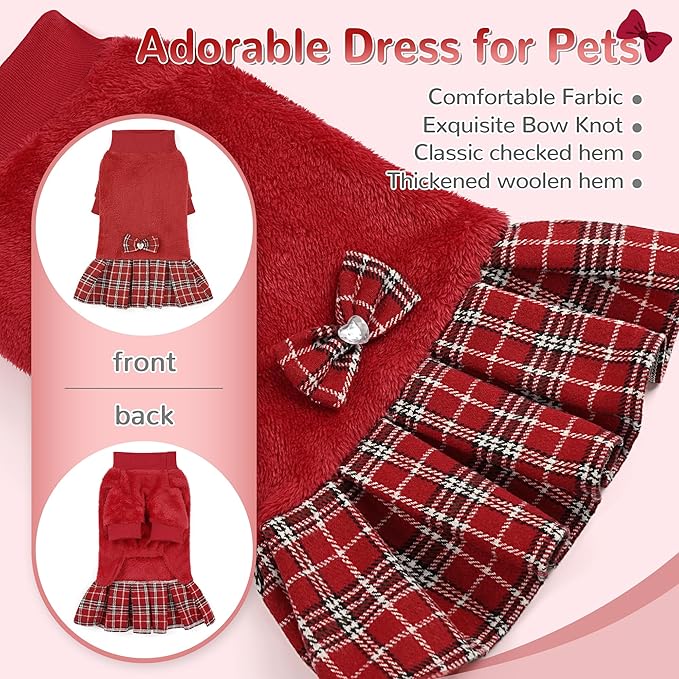 YUDODO Fleece Small Dog Sweater Dress with Bowtie, Female Fall Winter Warm Dog Clothes, Princess Sweater Dress for Small Dogs Girl (Red, Large)