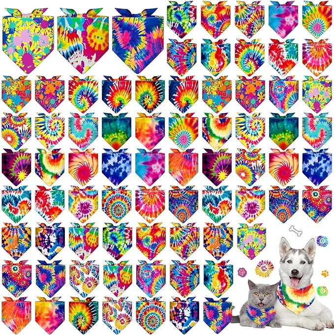 Sanwuta 72 Pcs Dog Bandana Bulk Washable Puppy Triangle Scarfs Cat Bandanas Adjustable Soft Cute Pet Triangle Bibs Accessories for Small Medium Dogs Cats Pets Costume(Tie-dye Pattern)