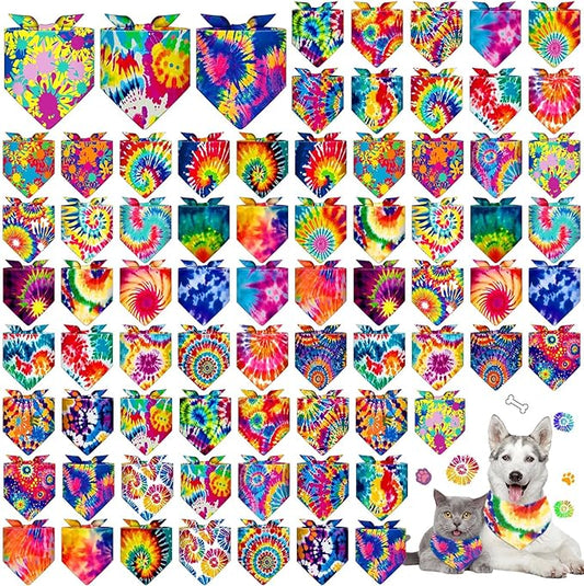 Sanwuta 72 Pcs Dog Bandana Bulk Washable Puppy Triangle Scarfs Cat Bandanas Adjustable Soft Cute Pet Triangle Bibs Accessories for Small Medium Dogs Cats Pets Costume(Tie-dye Pattern)