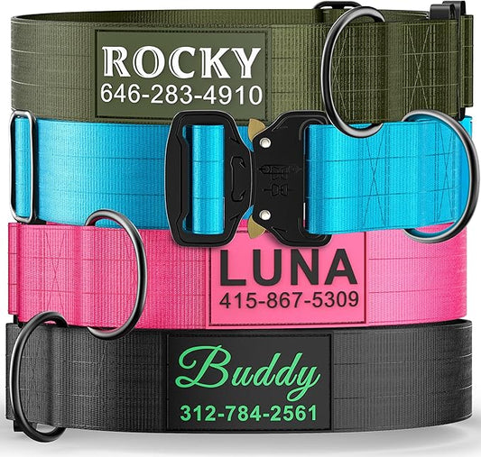 Personalized Tactical Dog Collar for Large Dogs, Heavy Duty Military Collar with Name, Made of Thick Nylon and Strong Metal Buckle for Maximum Durability, Available in Pink, Blue, Black, and Green