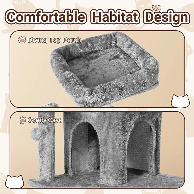 Cat Tree, 54-Inch Cat Tower for Indoor Cats,Plush Multi-Level Cat Condo with Scratching Posts, Basket, Perches,2 Caves,2 Pompoms(Gray)