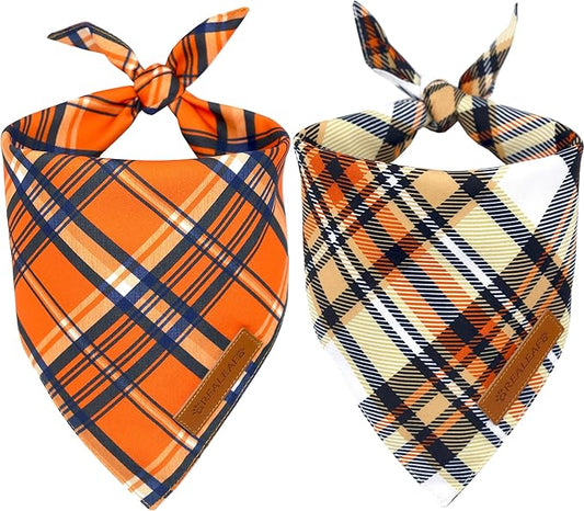 Realeaf Fall Dog Bandanas 2 Pack, Reversible Orange Plaid Holiday Pet Scarf for Boy and Girl, Premium Durable Fabric, Halloween Thanksgiving Bandana for Medium and Large Dogs (Large)