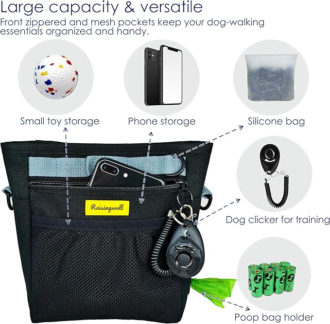 Dog Treat Pouch with Magnetic Closure 4-Cup Silicone Bag Fanny Pack Holder with Clicker 4 Ways to Wear Front Pocket Fits All Phones Ideal for Leash, Pet Walking and Training（Black）