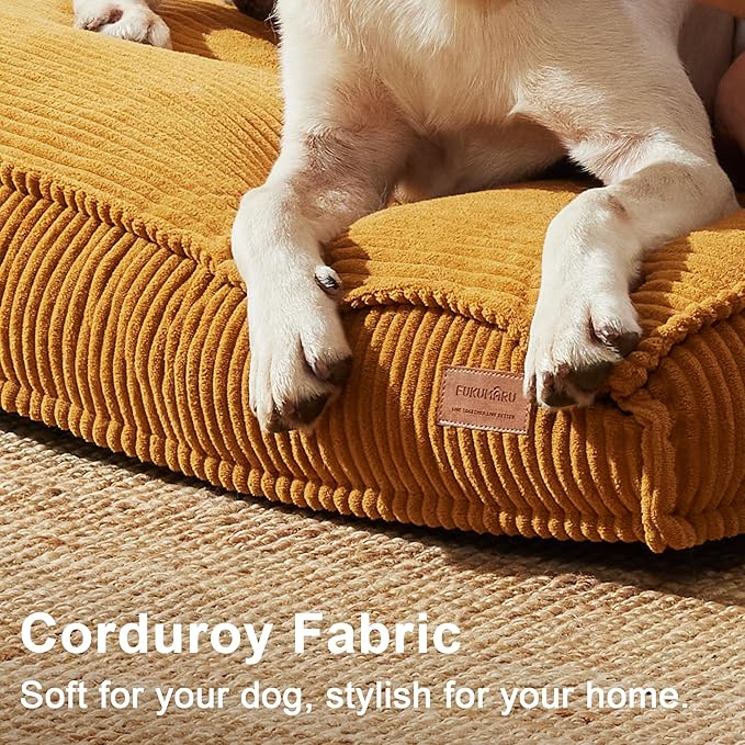 FUKUMARU Dog Bed, Thickened Corduroy Dog Beds Mat with Washable Cover, Large Waterproof Cotton Dogs Bed for Crate, Cozy Fluffy Pet Pillow Beds Kennel Pad with Non-Slip Bottom, 36inch, Ginger Yellow