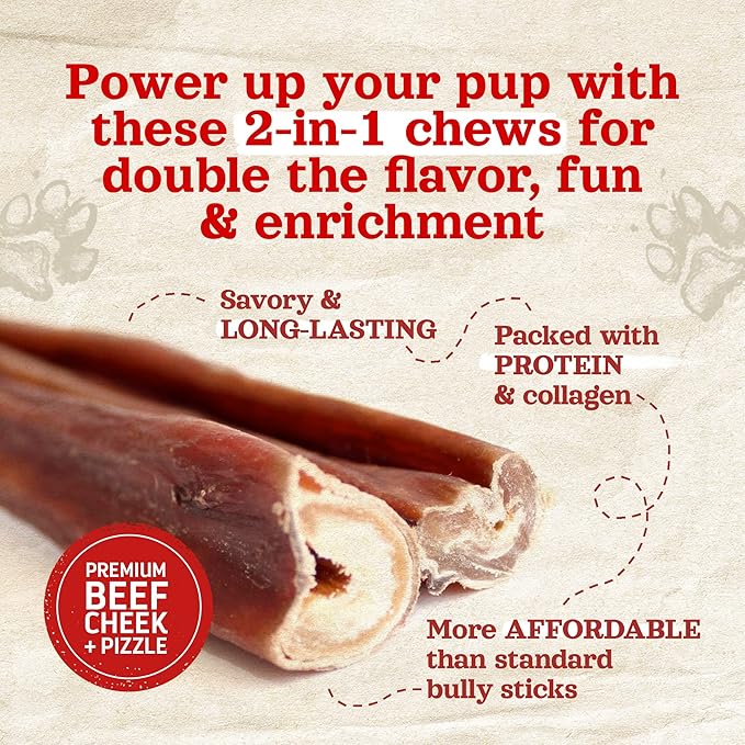 Natural Farm Power Bully Sticks Dog Chews (6”,15-Pack), 2-in-1 Power Chews: Premium Beef Cheek Wrapped in Beef Pizzle, Long-Lasting, Great Dog Dental Treats for Small, Medium & Large Dogs