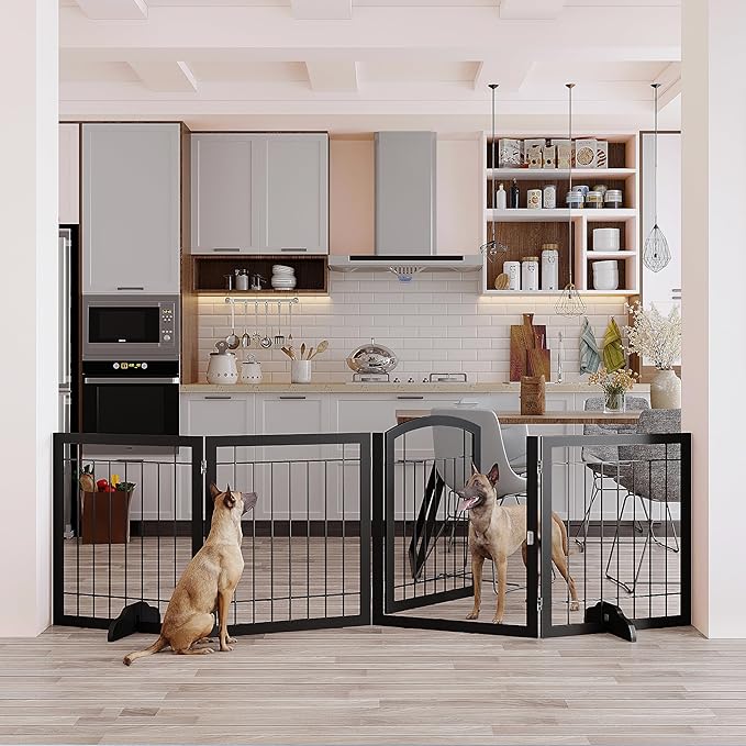 Vantas Folding Pet Gate 96" Wide, 30" Tall No-Assembly Metal Dog Gate, Freestanding Wire Pet Gate, Pet Puppy Safety Fence, Extra Wide with 2PCS Support - Black