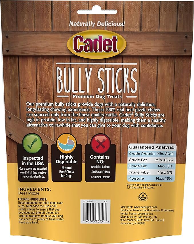 Cadet Bully Sticks for Small Dogs – All-Natural Beef Pizzle, High Protein, Low Fat, Long-Lasting, Grain & Rawhide-Free Dog Chews for Aggressive Chewers, Small (25 Count)