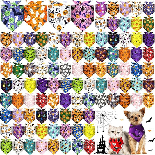 Amylove 120 Pcs Halloween Dog Bandanas Bulk Thanksgiving Day Holiday Triangle Dog Pack Puppy Kerchief Bandana Adjustable Pet Scarf for Pet Cat Costume Accessories Decor(Skeleton)