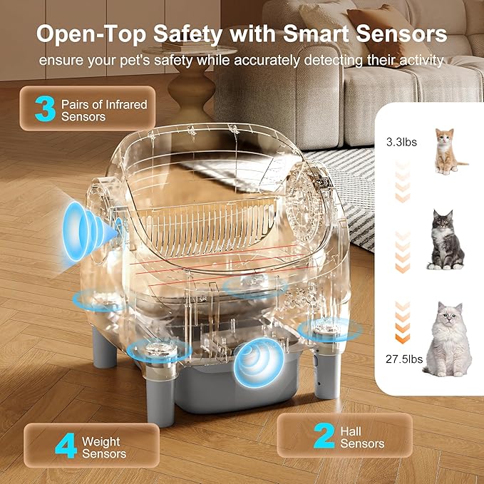 Open-Top Self-Cleaning Cat Litter Box, Automatic Litter Box for Multiple Cats with 10.5L Waste Bin, Advanced Safety Sensors, Quiet Operation, Easy to Clean (Gray)