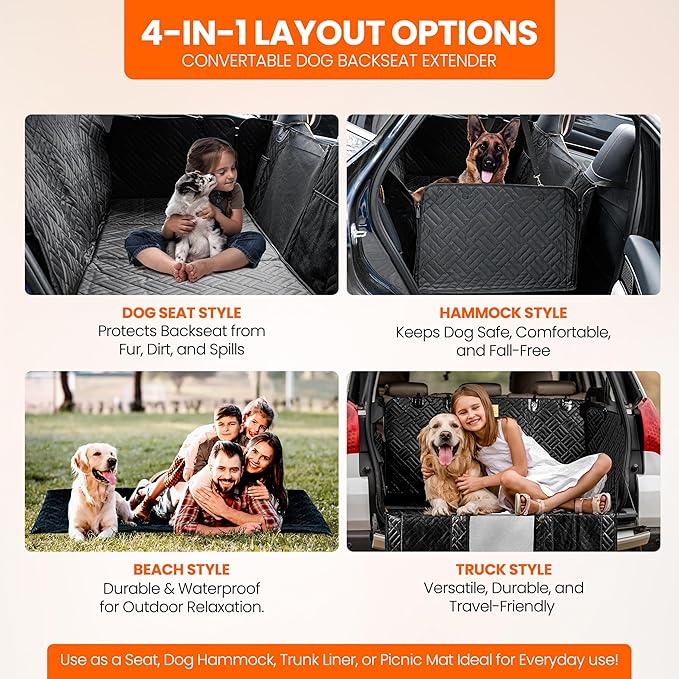 Dog Back Seat Cover Hard Bottom - 2025 Upgraded Materials - 6.4mm Support Boards Holds 400lbs - Waterproof Dog Hammock for Car, SUV & Truck - Pet Seat Cover for Back Seat - Backseat Extender for Dogs